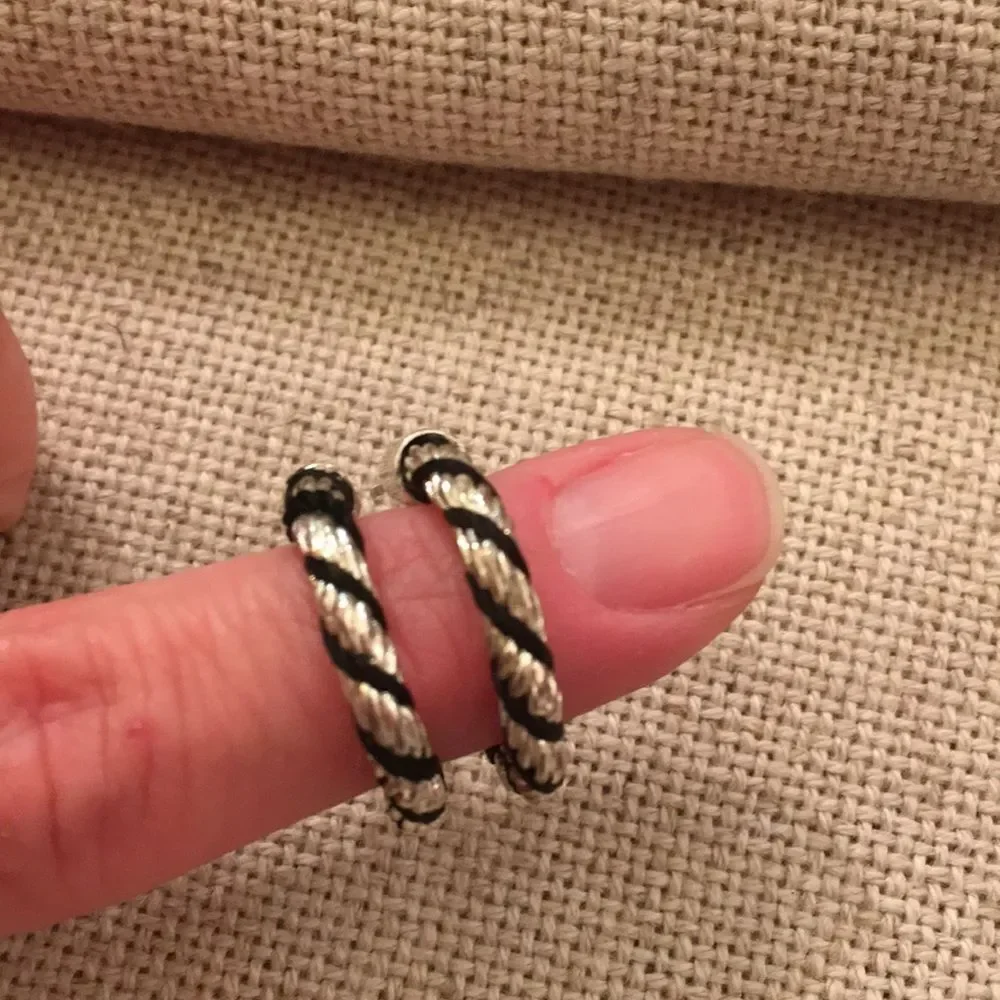 Silvertone Twisted Earrings with Black Cord